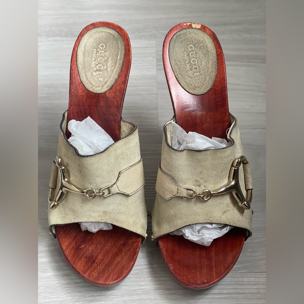 Gucci Cream Suede Icon Bit Clog Sandals Size 9.5 Worn as is